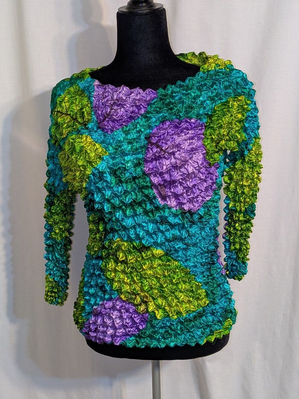 VTG 90s Y2K Colorful Abstract Pattern Crinkle Popcorn Top 3/4 Sleeve Shirt Sz OS